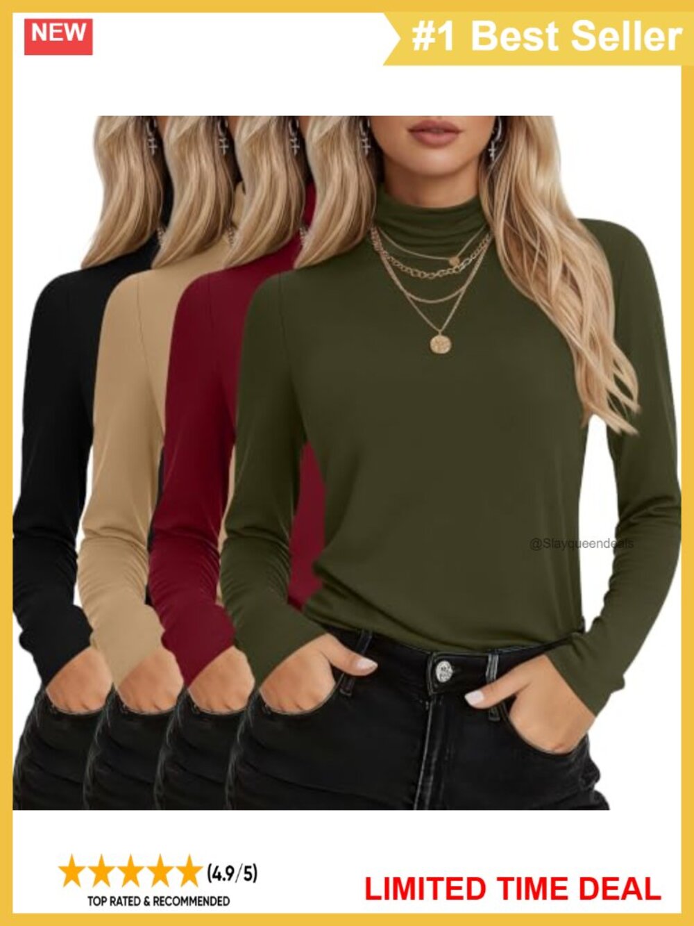 Womens Cotton Turtleneck Tops 4 Pack Long Sleeve Tee Shirts